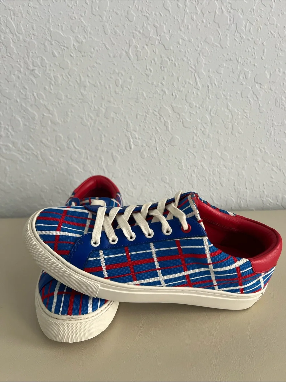 Tory Burch Golf Blue, Red & White Plaid Low-Top Sneakers